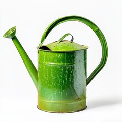 A green garden watering can on a white background