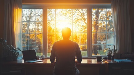 A person gazing out a window at a sunset, reflecting on the serene environment.