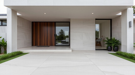 Obraz premium Modern home entrance featuring a light-grey stone facade, a dark wood door, and glass panels. Landscaping with low green shrubs flanks the entryway, which has a large light-colored paved area.