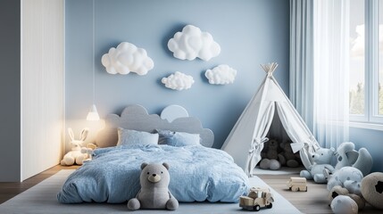 Cozy and Playful Blue Nursery with Cloud Decor
