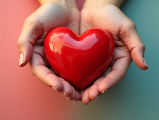 Fototapeta premium A pair of human hands gently cradling a vibrant red heart symbol, representing support for heart disease awareness and the importance of cardiovascular health care