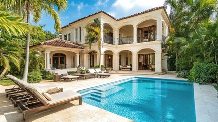 Luxury villa with pool, patio, and palm trees.