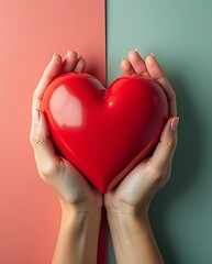 Obraz premium A pair of human hands gently cradling a vibrant red heart symbol, representing support for heart disease awareness and the importance of cardiovascular health care