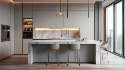 Modern Kitchen Interior with Marble Island and City View