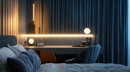 Modern Bedroom Interior Design with Blue and Warm Tones