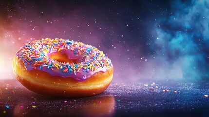 A donut-shaped ferris wheel glowing in the night sky