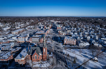 Aerial view of Natick, Massachusetts in winter 