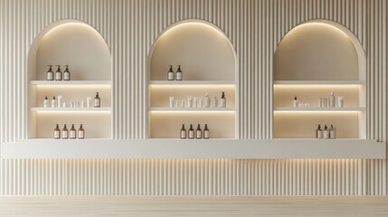 Minimalist White Shelves with Arched Recesses and Skincare Products