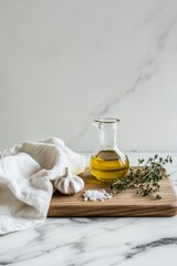 Garlic, greens, salt, oil, and a pepper mill sit on a wooden board, ready for health-boosting culinary creations.