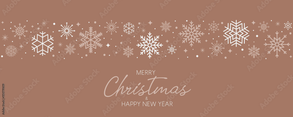 Poster merry christmas card with snowflakes border and glitter sparkles in gold and mocha mousse color of t