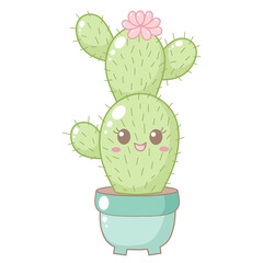 Cute Cactus With Pink Flower in Blue Pot. Simple House Plant Cacti Illustration.