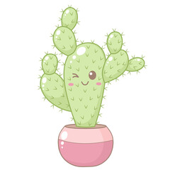 Cute Cactus Tree in Pink Pot. Simple House Plant Cacti Illustration.