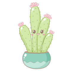 Cute Cactus Foliage With Pink Flower in Blue Pot. Simple House Plant Cacti Illustration.