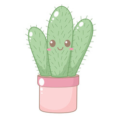 Cute Green Cactus Foliage in Simple Pink Pot. Simple House Plant Cacti Illustration.