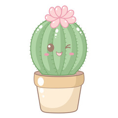 Cute Green Round Cactus With Pink Flower in Brown Pot. Simple House Plant Cacti Illustration.
