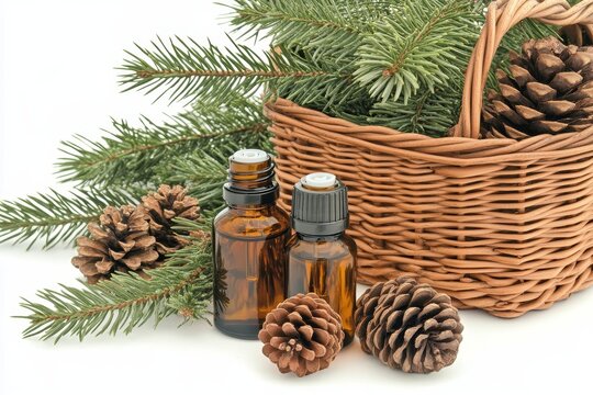 A wicker basket holding pine essential oil, with pine cones and branches arranged around it. - Powered by Adobe