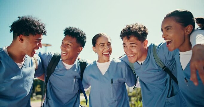 Celebration, nurse and students for healthcare, happy and achievement in nursing school and smile. Outdoor, internship and accomplishment for people, friends and excited for first clinical rotation