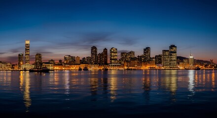 Obraz premium A panoramic view of a city skyline at dusk with glowing lights reflecting on the water