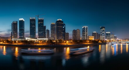 Obraz premium A panoramic view of a city skyline at dusk with glowing lights reflecting on the water