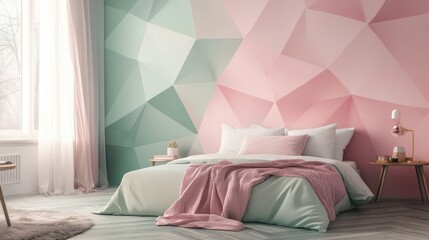 Minimalist Bedroom with Geometric Wall and a Light Pink Blanket