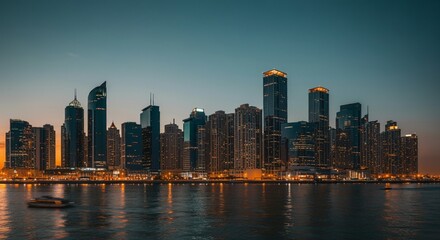 Fototapeta premium A panoramic view of a city skyline at dusk with glowing lights reflecting on the water