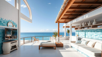 Oceanfront living space with white furniture, light wood pergola, and teal tile accents.  Features a spacious layout, expansive ocean view, and modern design elements.