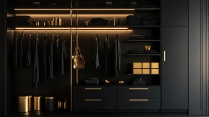 Modern Black and Gold Walk-In Closet Interior
