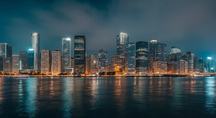 Obraz premium A panoramic view of a city skyline at dusk with glowing lights reflecting on the water