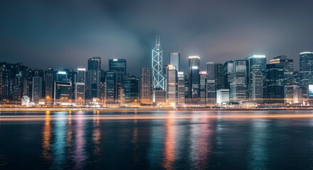 Fototapeta premium A panoramic view of a city skyline at dusk with glowing lights reflecting on the water