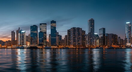 Fototapeta premium A panoramic view of a city skyline at dusk with glowing lights reflecting on the water