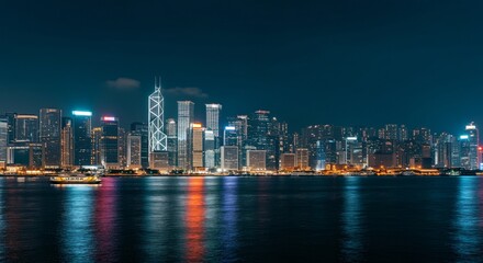 Fototapeta premium A panoramic view of a city skyline at dusk with glowing lights reflecting on the water