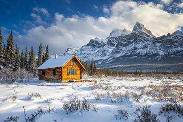 Fototapeta premium Isolated cabin surrounded by a snowy wilderness.