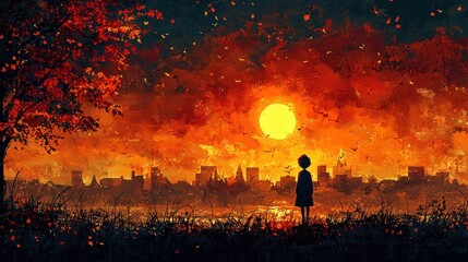 Fototapeta premium Silhouette of a Child Against a Vibrant Autumn Sunset Sky