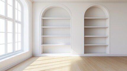 White Room Interior with Archway Bookcases and Sunlight