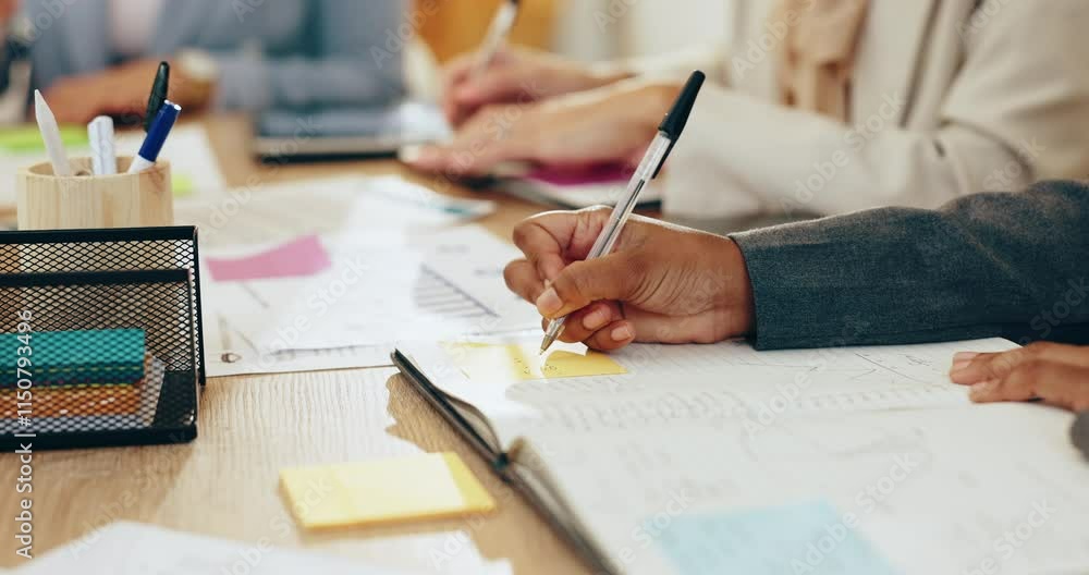 Poster notes, planning and hands of business people in meeting writing ideas, agenda or schedule for growth