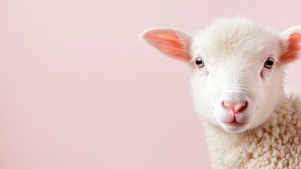 Fototapeta premium Close-up of white lamb with pink ears against light background