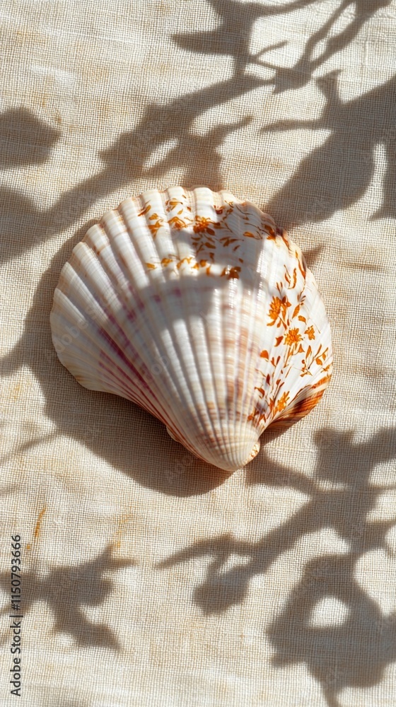 Poster beautiful white seashell with delicate tree branch shadows creating artistic natural composition on 
