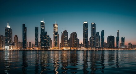 Fototapeta premium A panoramic view of a city skyline at dusk with glowing lights reflecting on the water