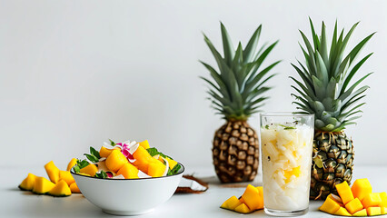 Refreshing summer tropical fruit salad with mango, pineapple, and coconut.  Healthy eating, vibrant...