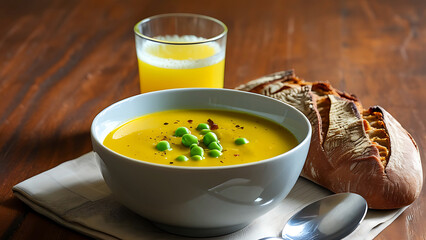 Delicious and healthy creamy pea soup served with crusty bread and fresh orange juice.  Perfect for a light lunch or dinner.