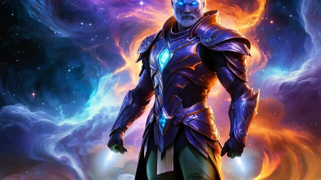 A warrior in a blue suit stands in front of a blue and orange background. He is wearing a blue helmet and a blue suit. The background is filled with swirling colors and fire