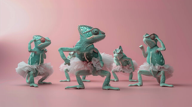 Several playful chameleons in elegant ballet poses, wearing miniature tutus 