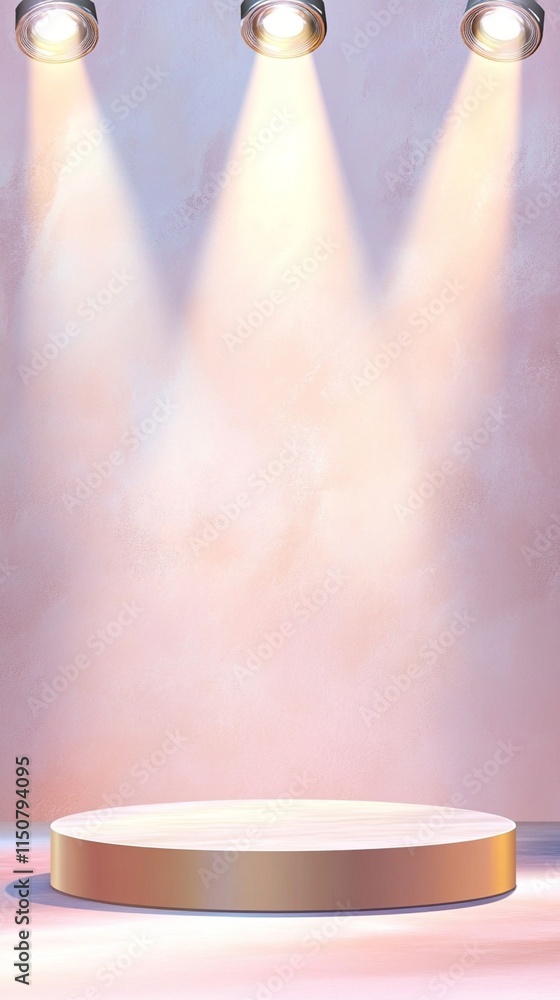 Poster three bright spotlights illuminating an empty circular podium stage against soft pink background, cr