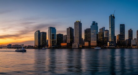 Naklejka premium A panoramic view of a city skyline at dusk with glowing lights reflecting on the water