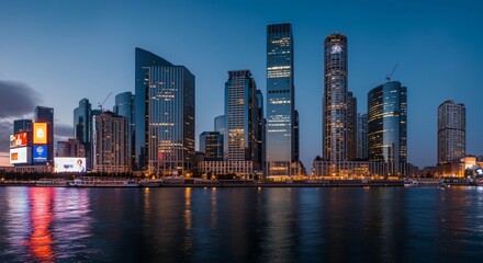 Obraz premium A panoramic view of a city skyline at dusk with glowing lights reflecting on the water