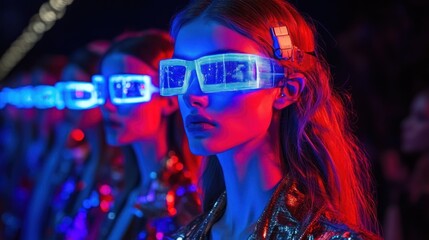 Fototapeta premium Futuristic fashion show featuring models in illuminated eyewear and vibrant lighting.