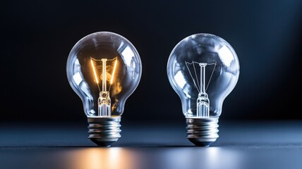 One glowing light bulb and one non-glowing on dark background