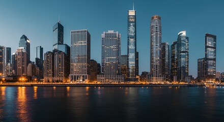 Obraz premium A panoramic view of a city skyline at dusk with glowing lights reflecting on the water
