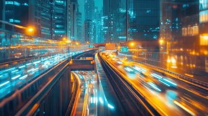 Night city highway, blurred lights, speeding vehicles.