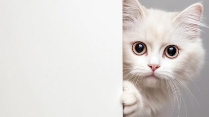 Cute white kitten peeking from behind wall, with big eyes and curious expression